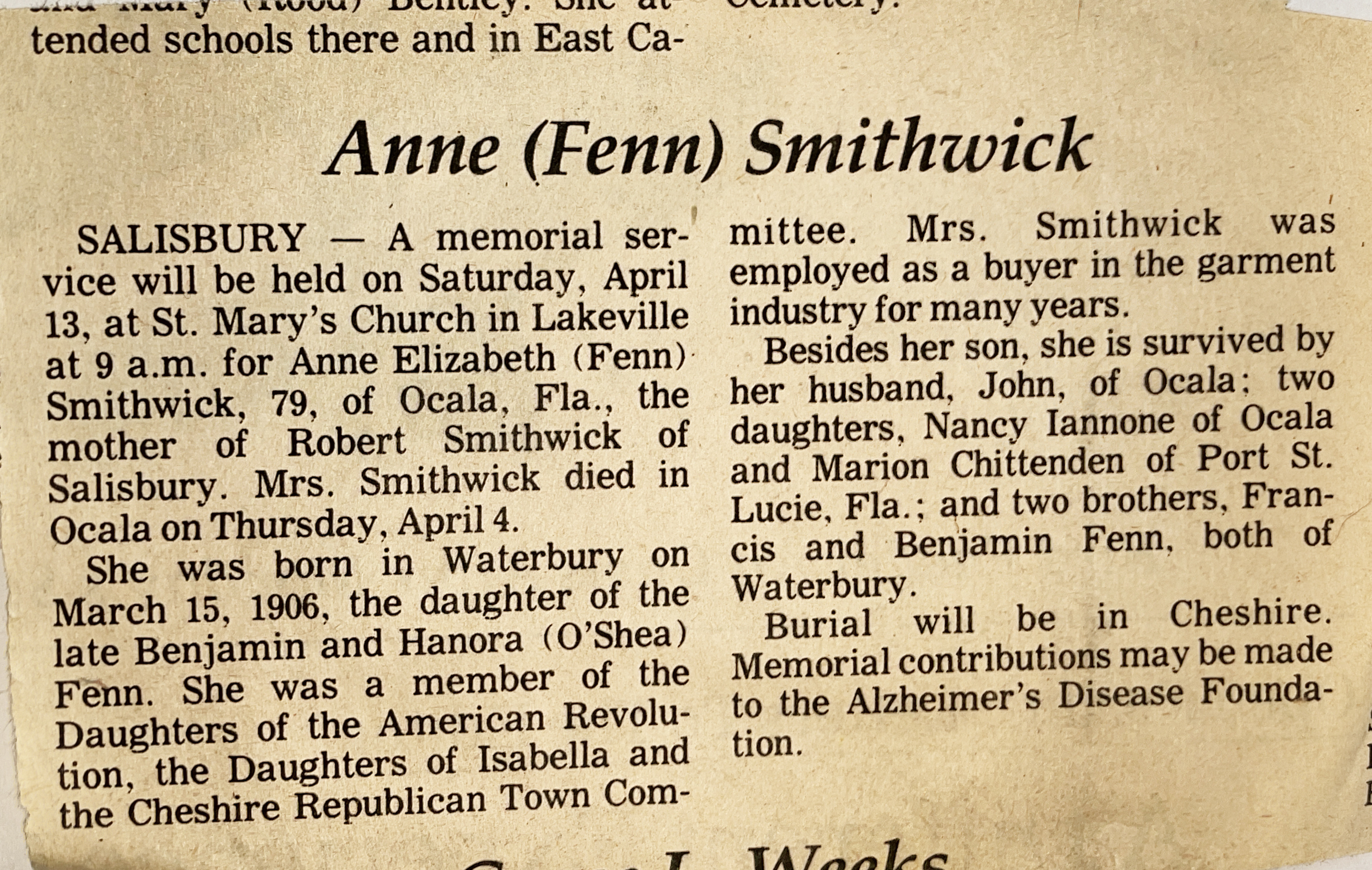 Ann Smithwick - obituary